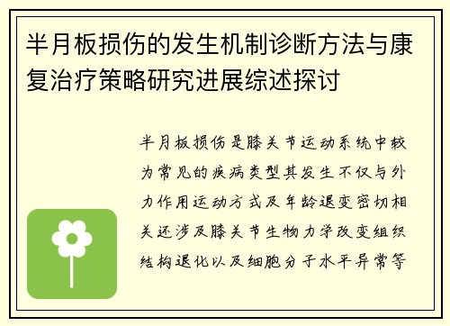半月板损伤的发生机制诊断方法与康复治疗策略研究进展综述探讨